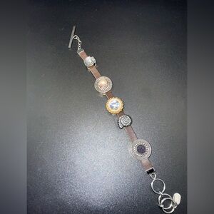 Lori Bonn Women's Brown Leather Snap Bracelet with Mixed Metal Accents charms.